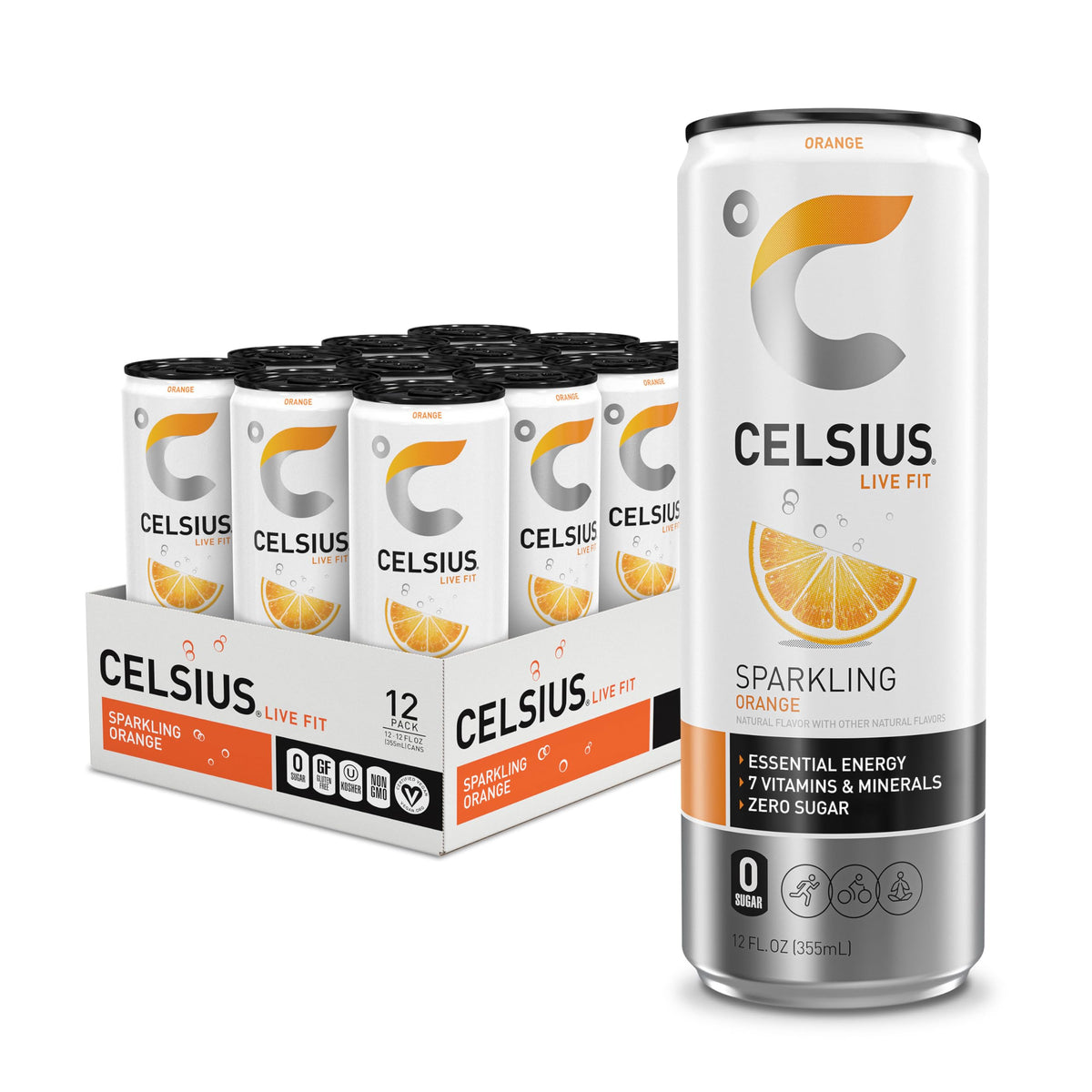 CELSIUS front can showing Sparkling Orange label and bold branding for immediate recognition