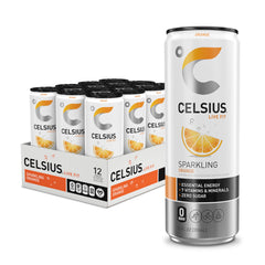 CELSIUS front can showing Sparkling Orange label and bold branding for immediate recognition