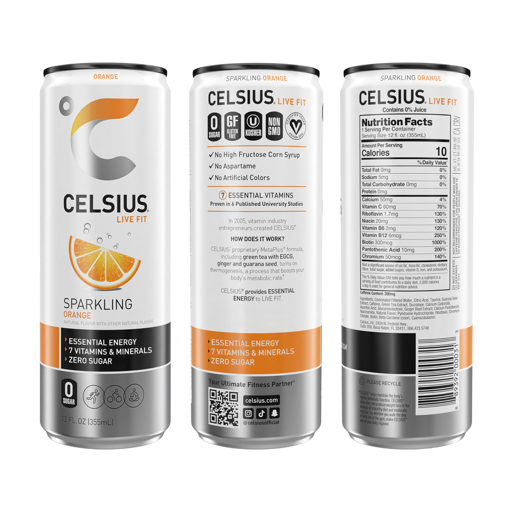CELSIUS can in hand to show slim 12 fl oz size and easy portability benefit