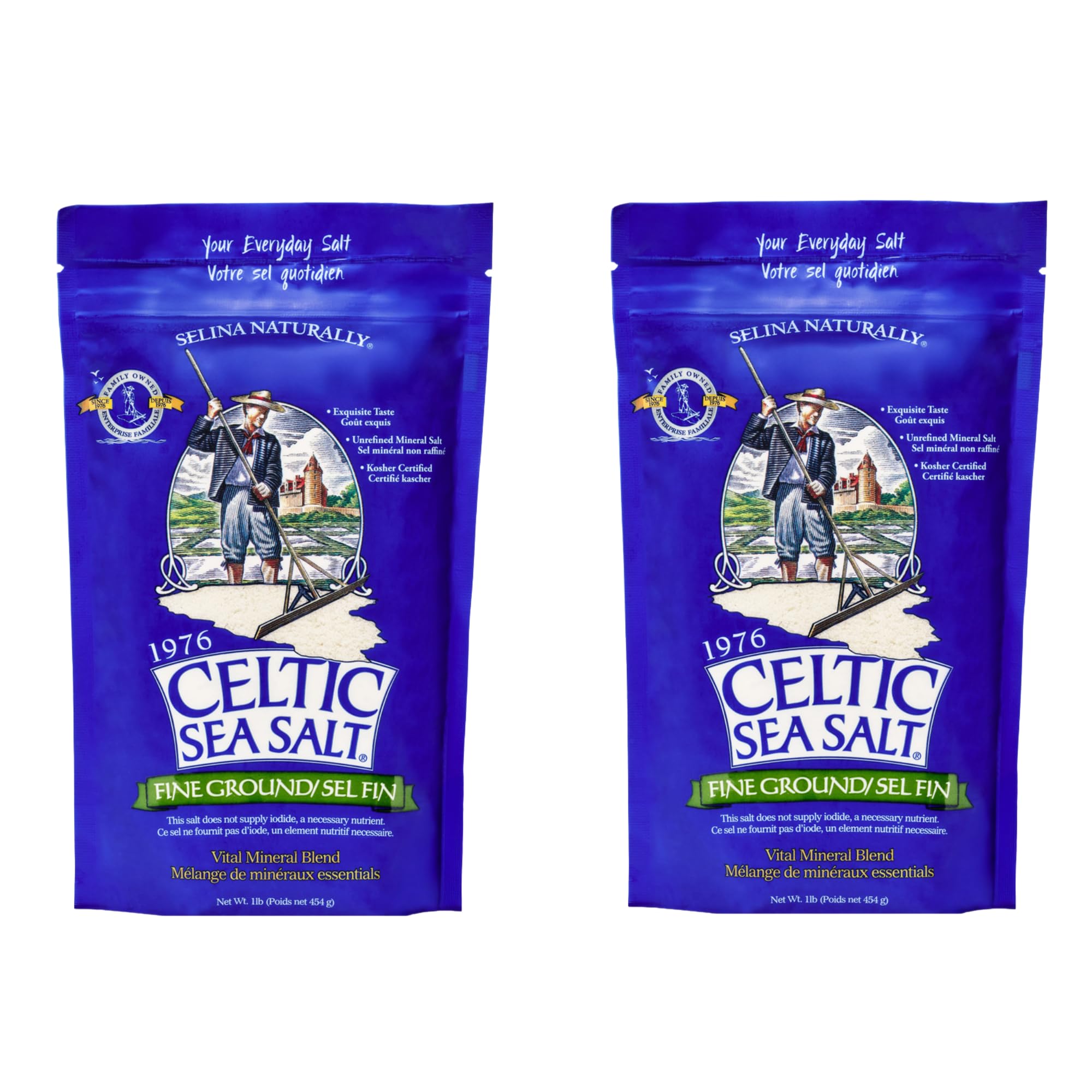 Celtic Sea Salt front packaging showing two resealable bags and branding benefit convenience