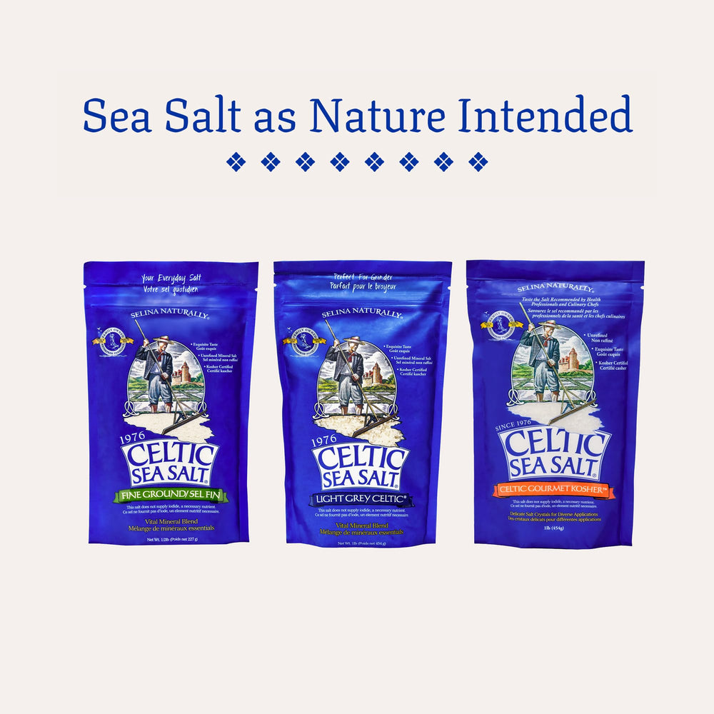 Celtic Sea Salt label detail close-up showing unrefined, additive-free information benefit