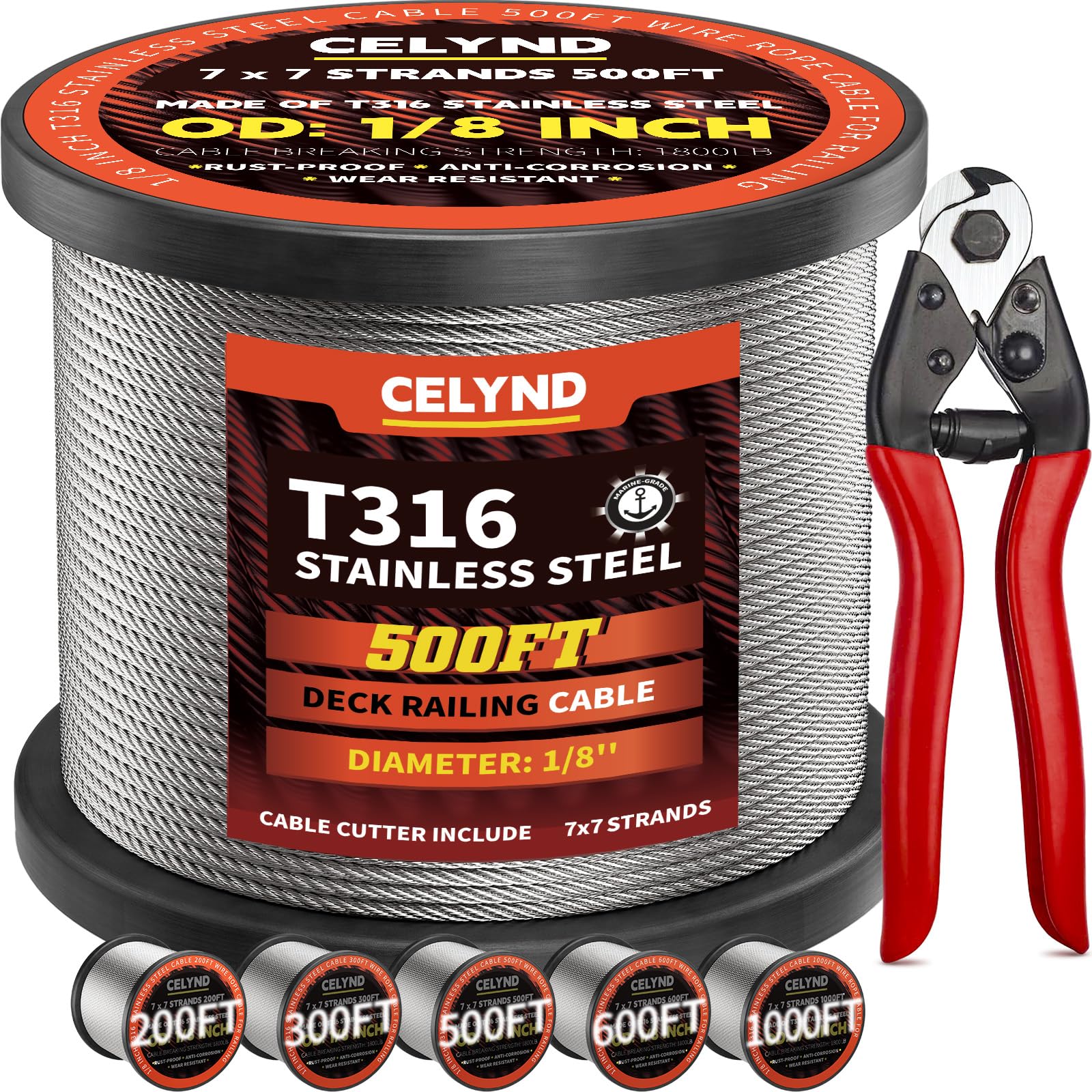 CELYND front view of 500ft stainless steel cable spool showing labeling and compact storage benefit