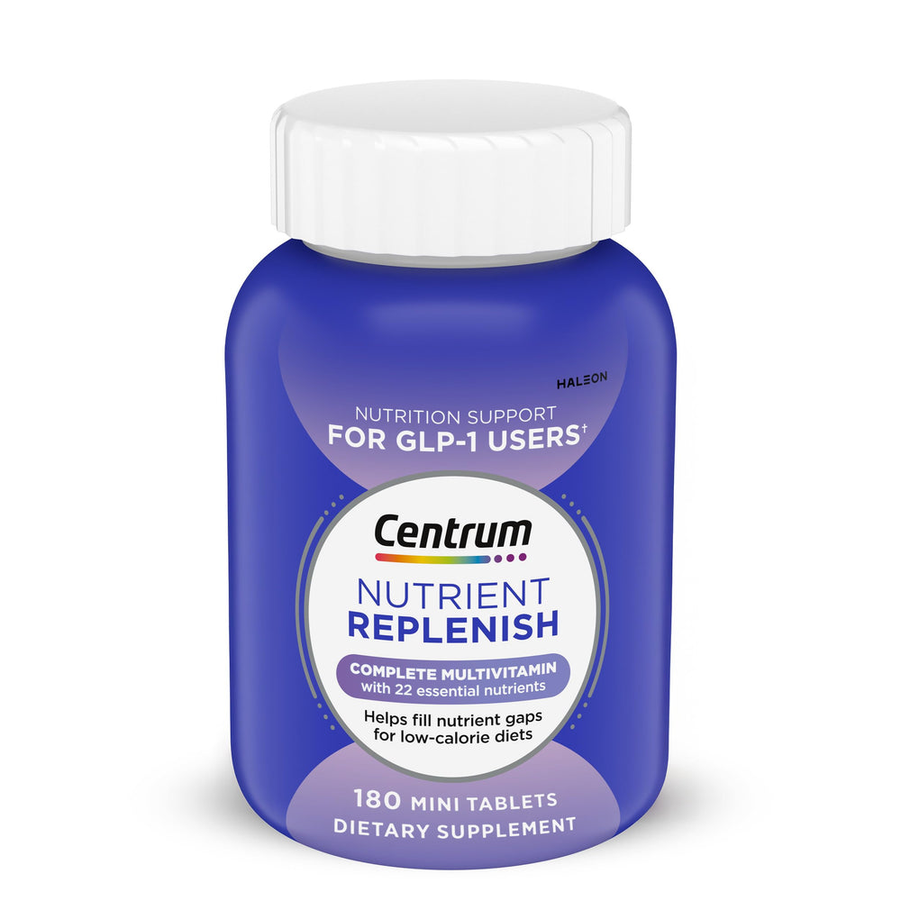 Centrum bottle front view showing brand and 180 count for long-term supply