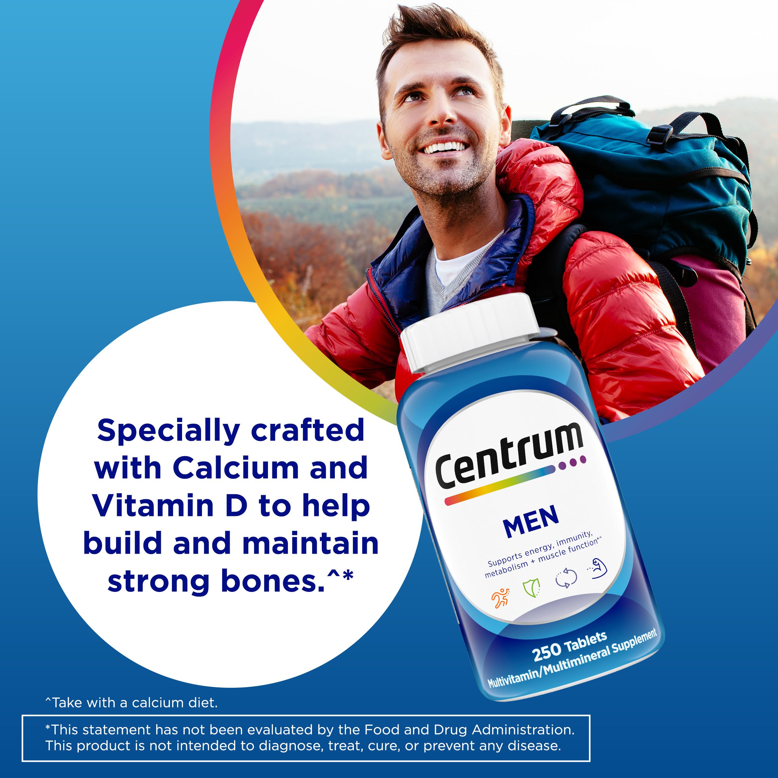 Centrum tablets spilling from bottle demonstrating supply quantity