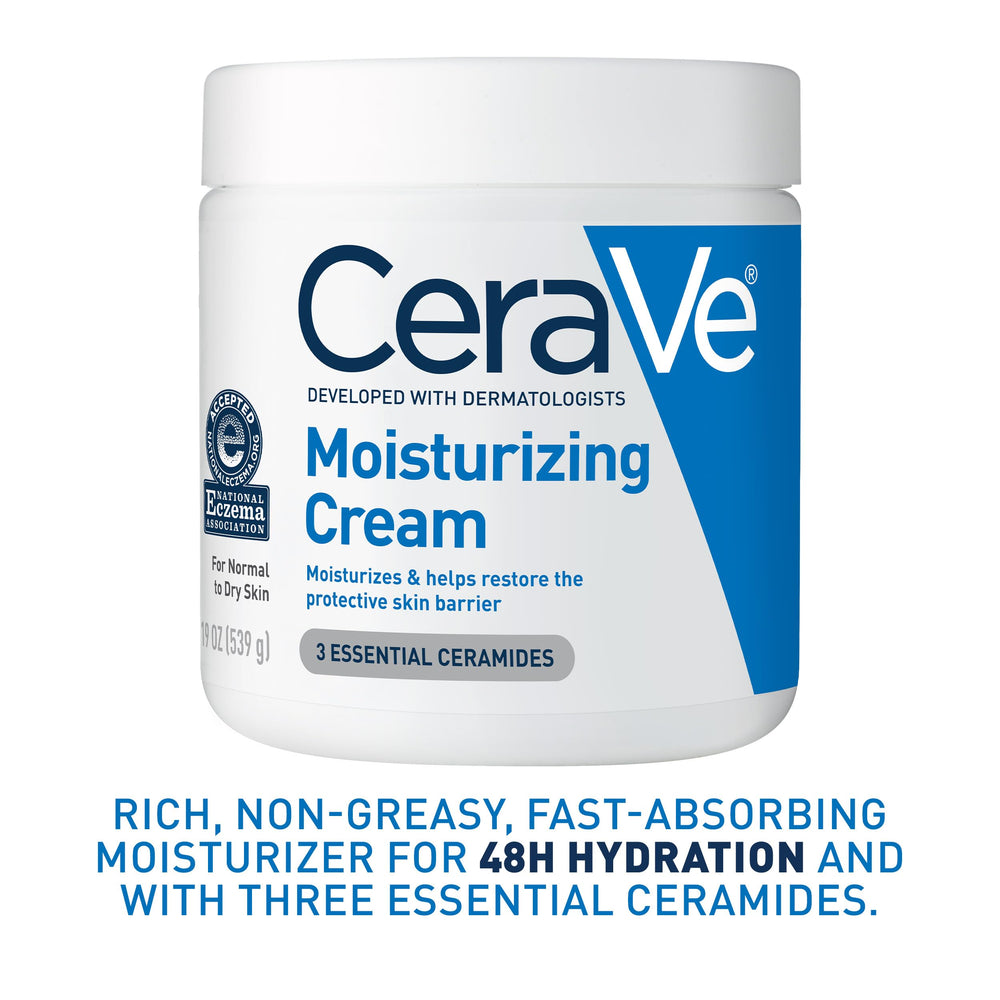 Close-up of CeraVe label listing ceramides and hyaluronic acid benefits