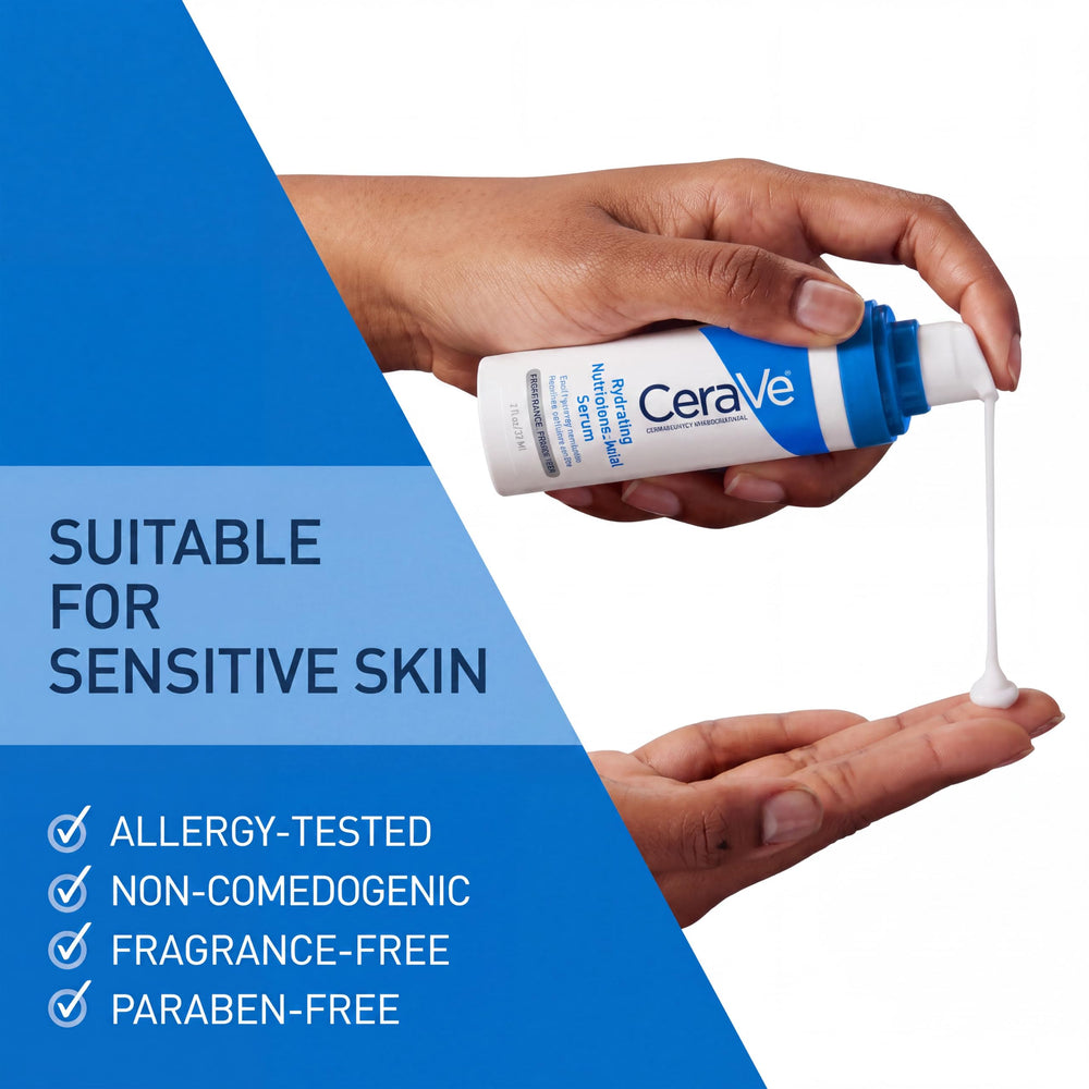 CeraVe serum drop on hand demonstrating lightweight feel and moisture
