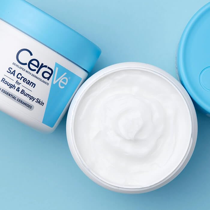 CeraVe applying cream on leg to soften rough, bumpy skin