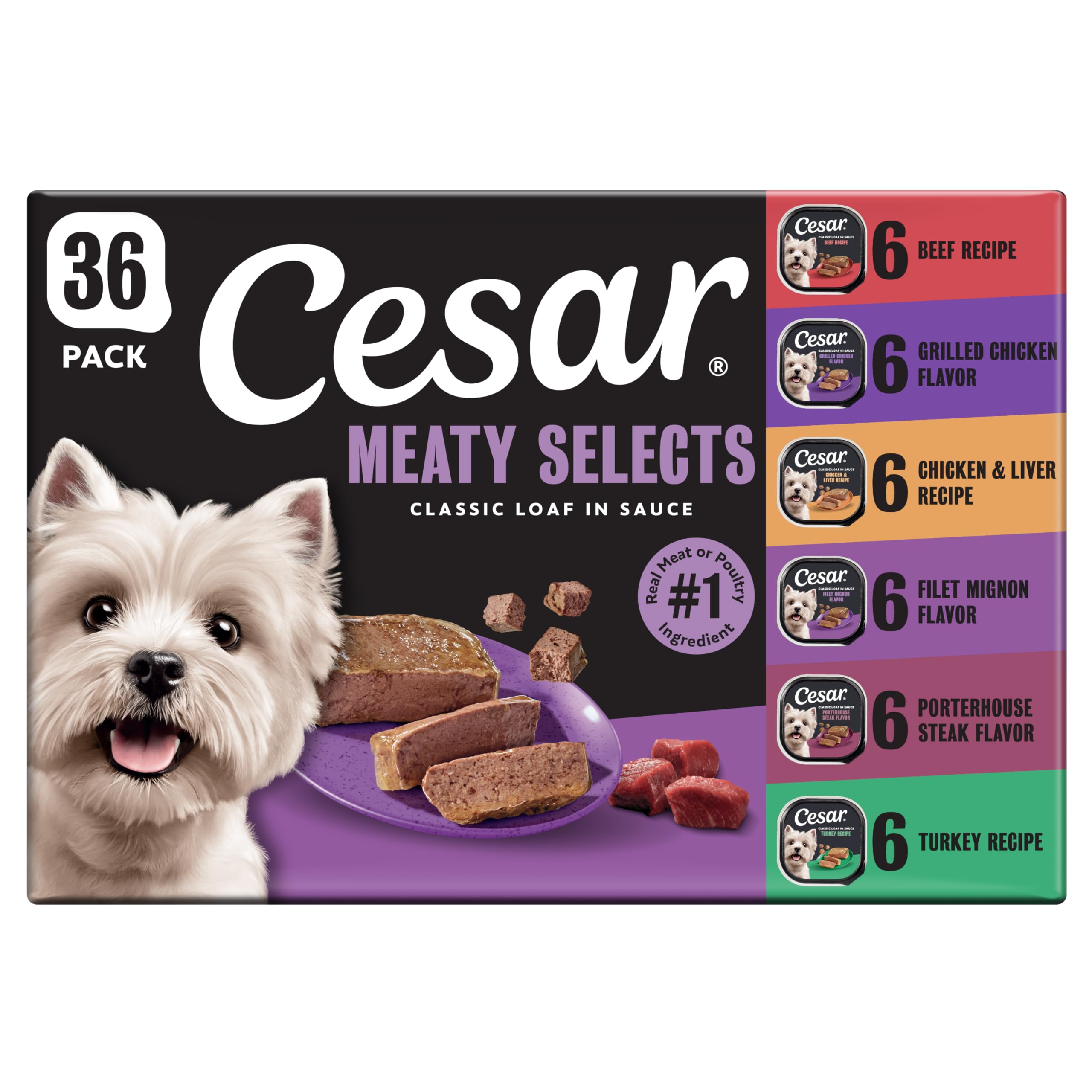Cesar front packaging showing 36-count variety pack and convenience