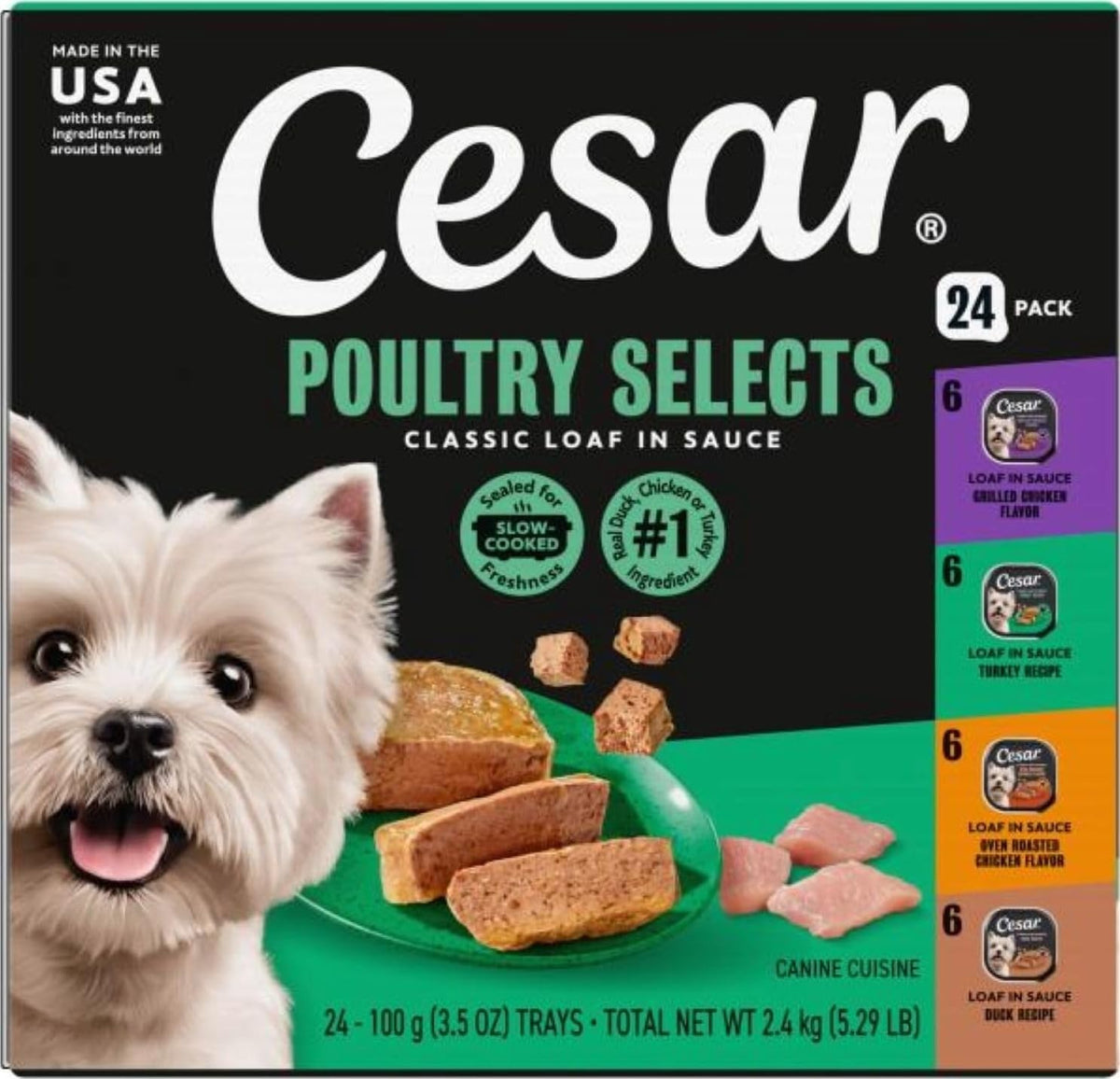 Cesar front packaging showing variety pack and convenient trays benefit clarity