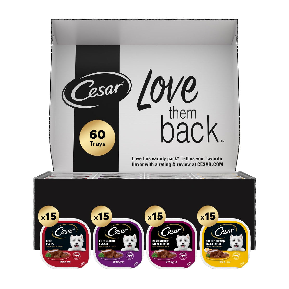 Cesar front tray packaging showing variety pack with clear branding and convenience