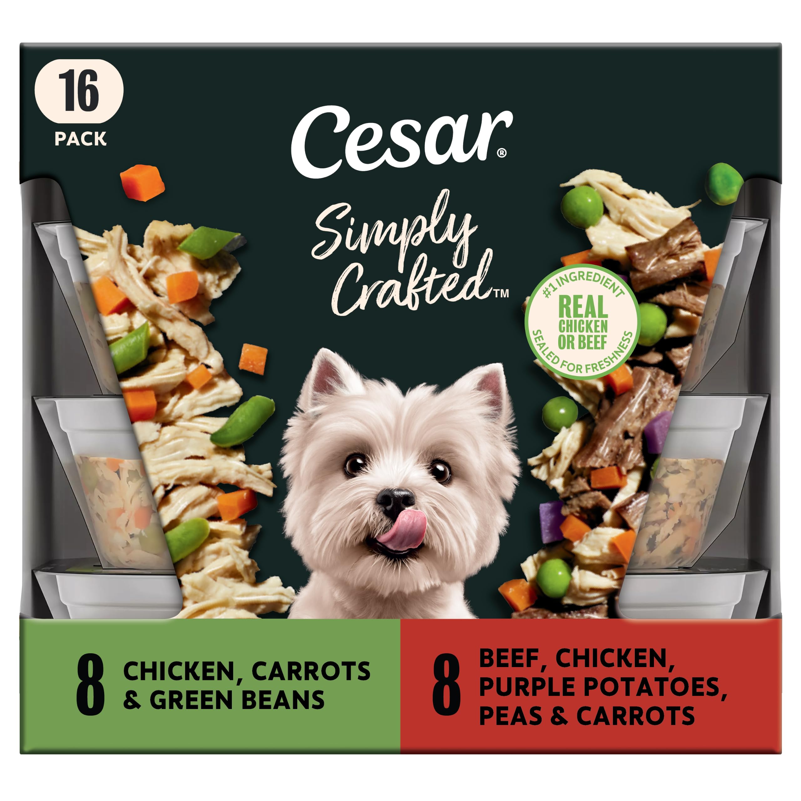 Cesar front packaging showing 16-count topper variety and convenience