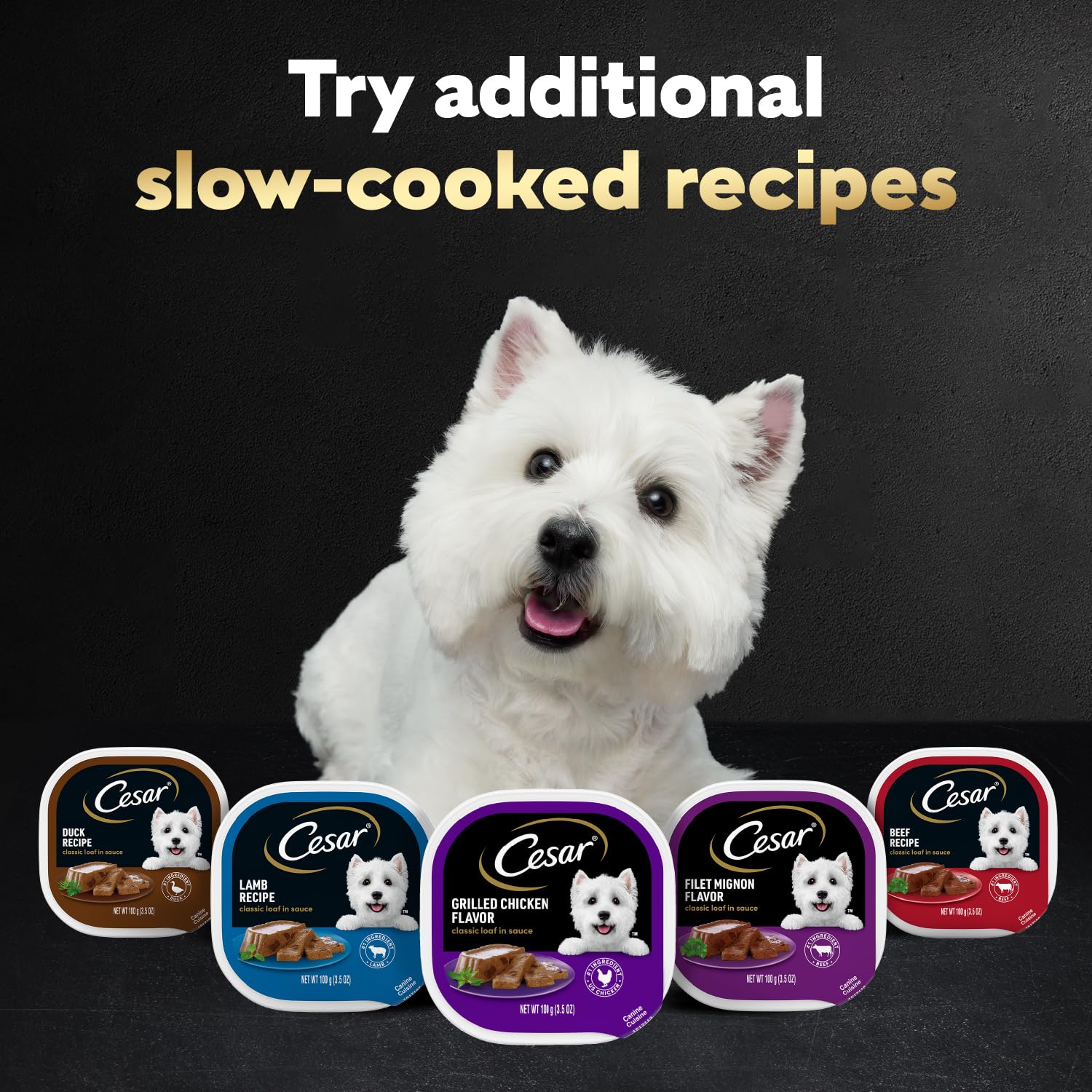 Cesar variety selection layflat displaying multiple flavors and loaf-in-sauce options