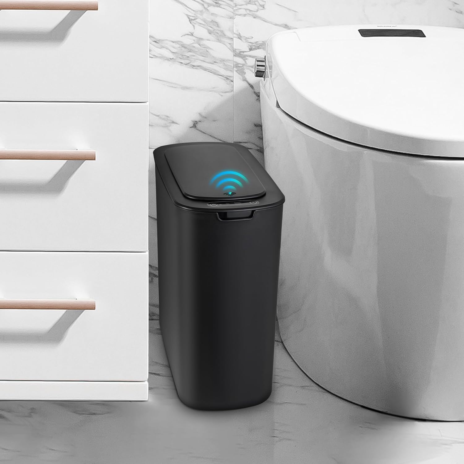 Cesun front view of black automatic trash can showing sleek design and hygienic benefit