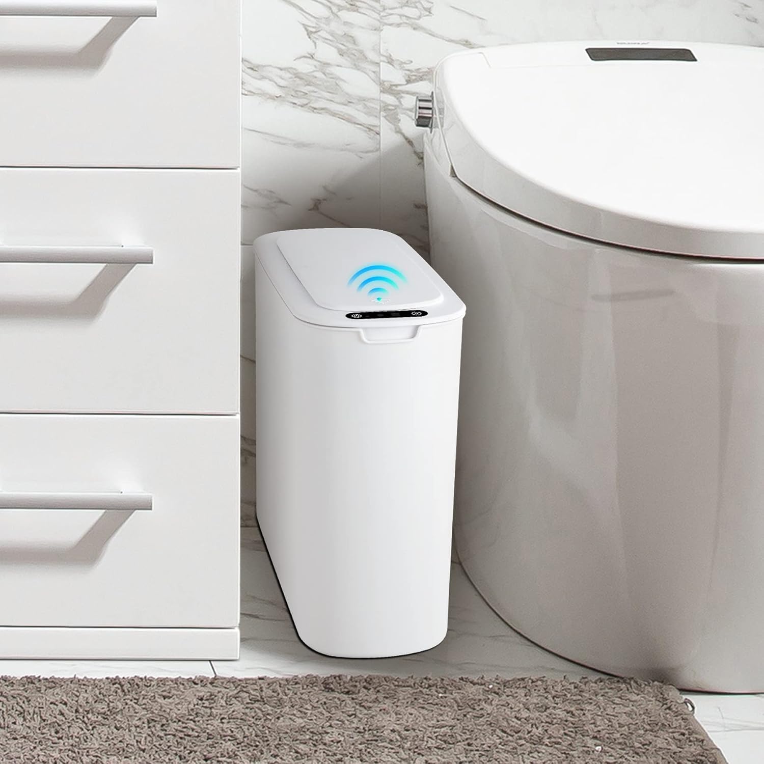 Cesun front view with lid closed showing compact white design and neat appearance