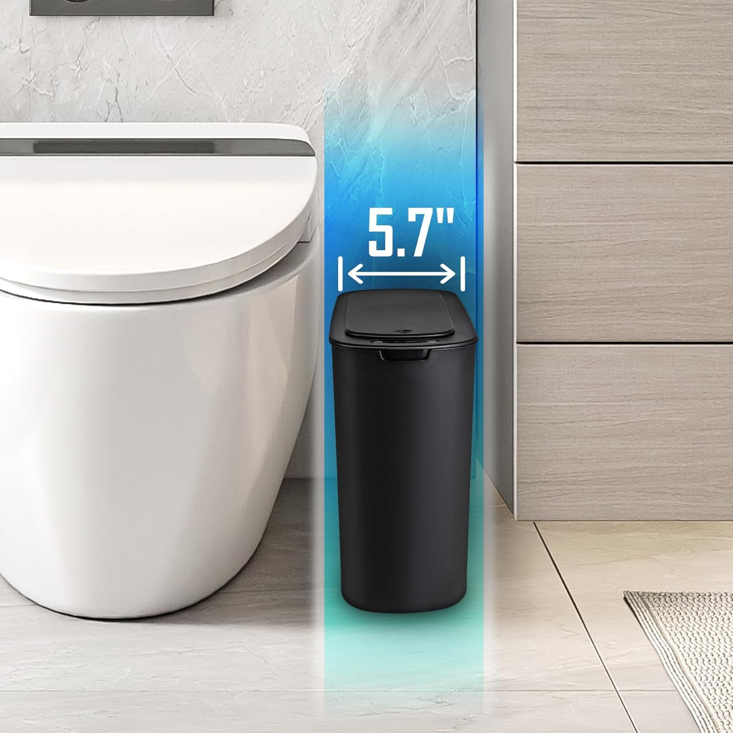Cesun next to toilet paper roll showing compact 2.6-gallon scale and sizing benefit