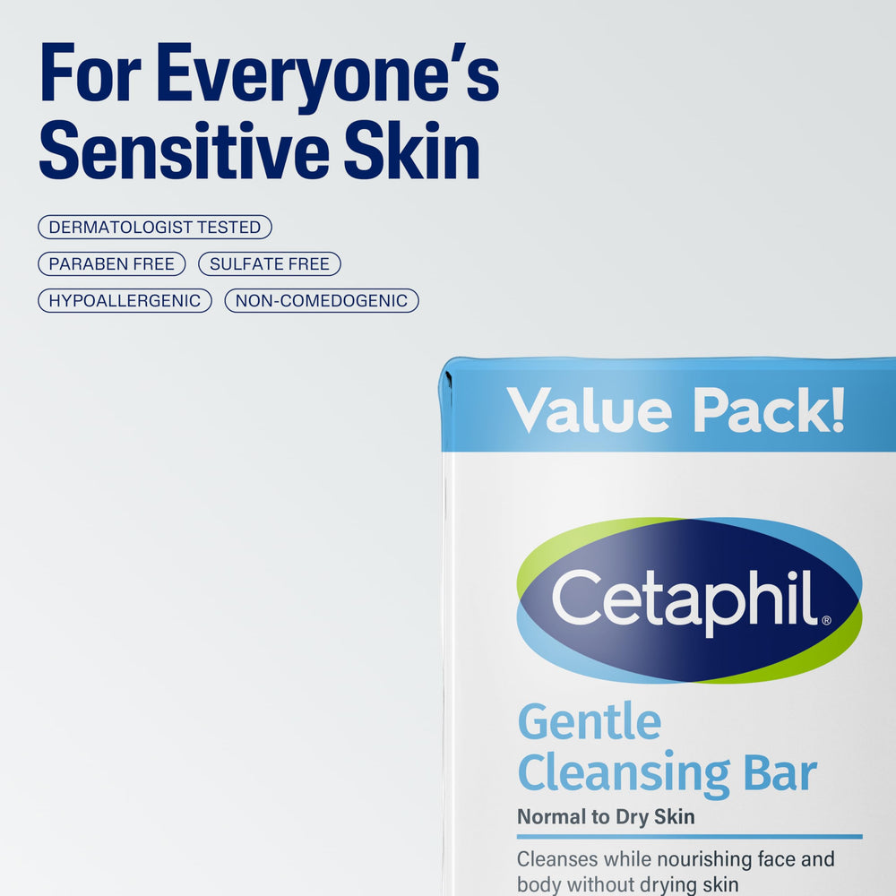 Cetaphil bar next to hand for size comparison and easy handling