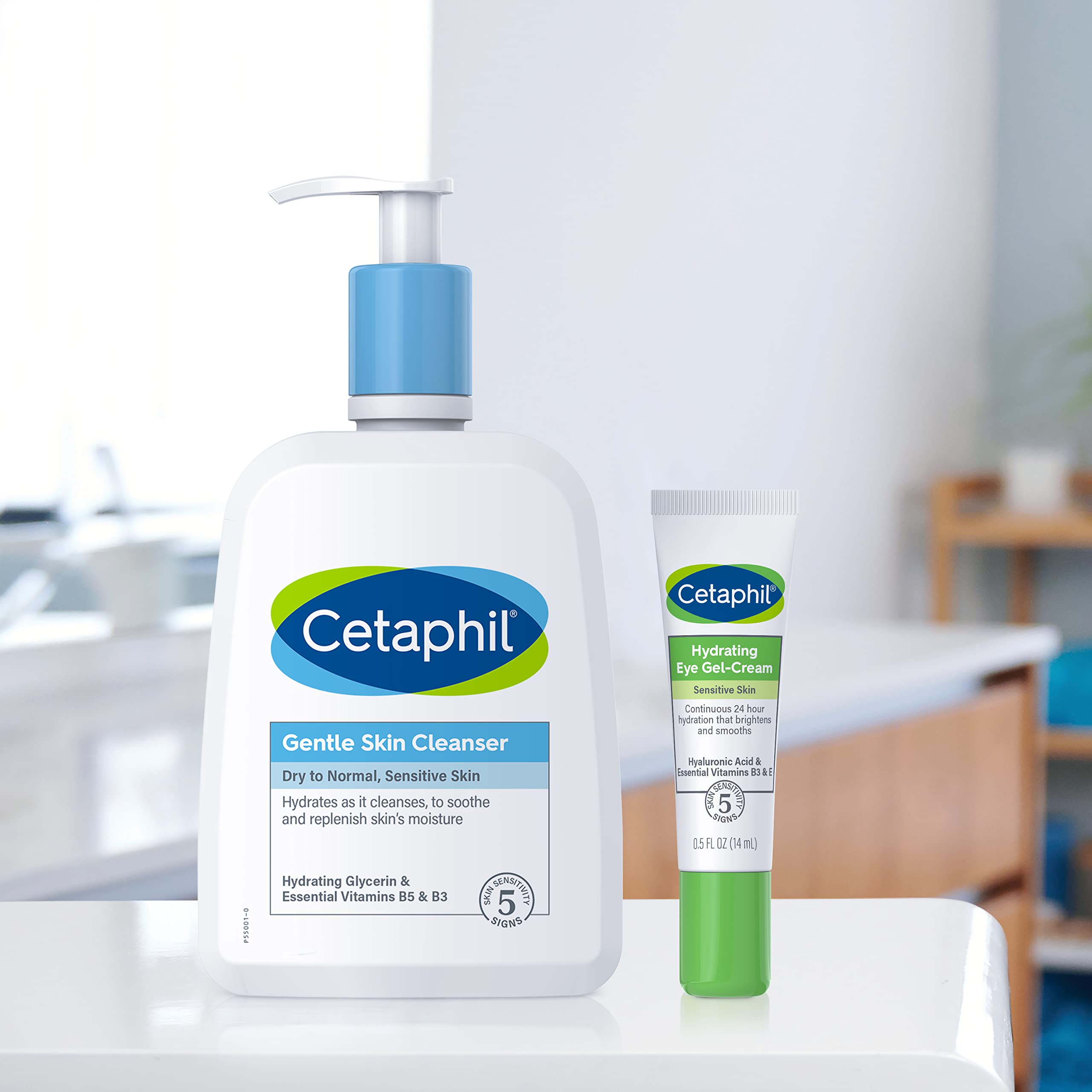 Morning routine lifestyle scene with Cetaphil suggesting refreshed under-eye look