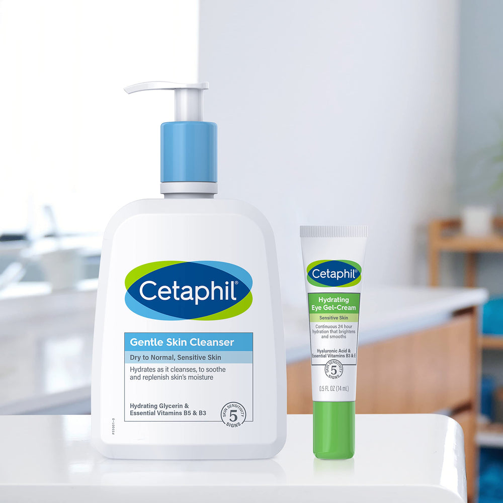 Morning routine lifestyle scene with Cetaphil suggesting refreshed under-eye look