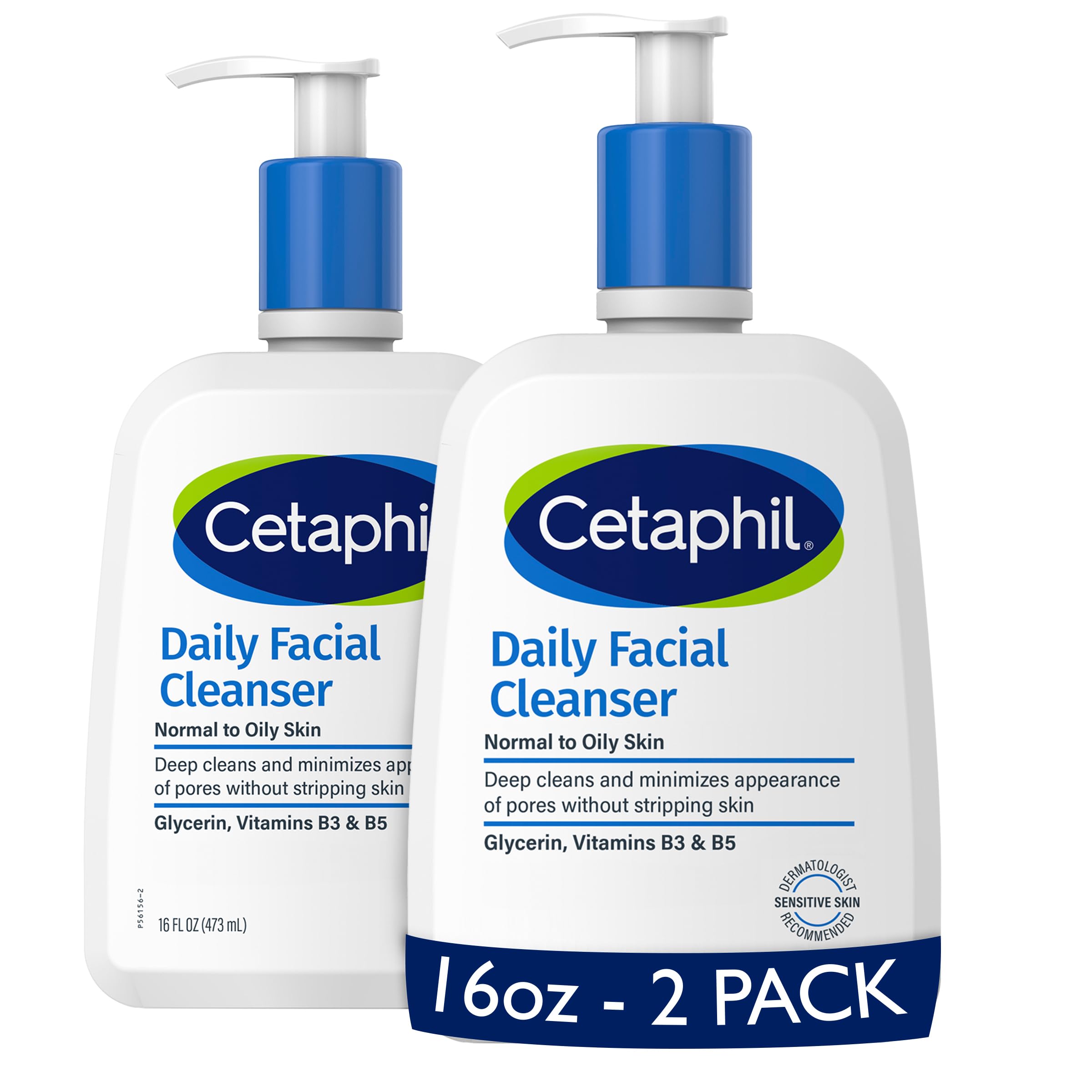Cetaphil front packaging showing two 16 fl oz bottles and brand benefits