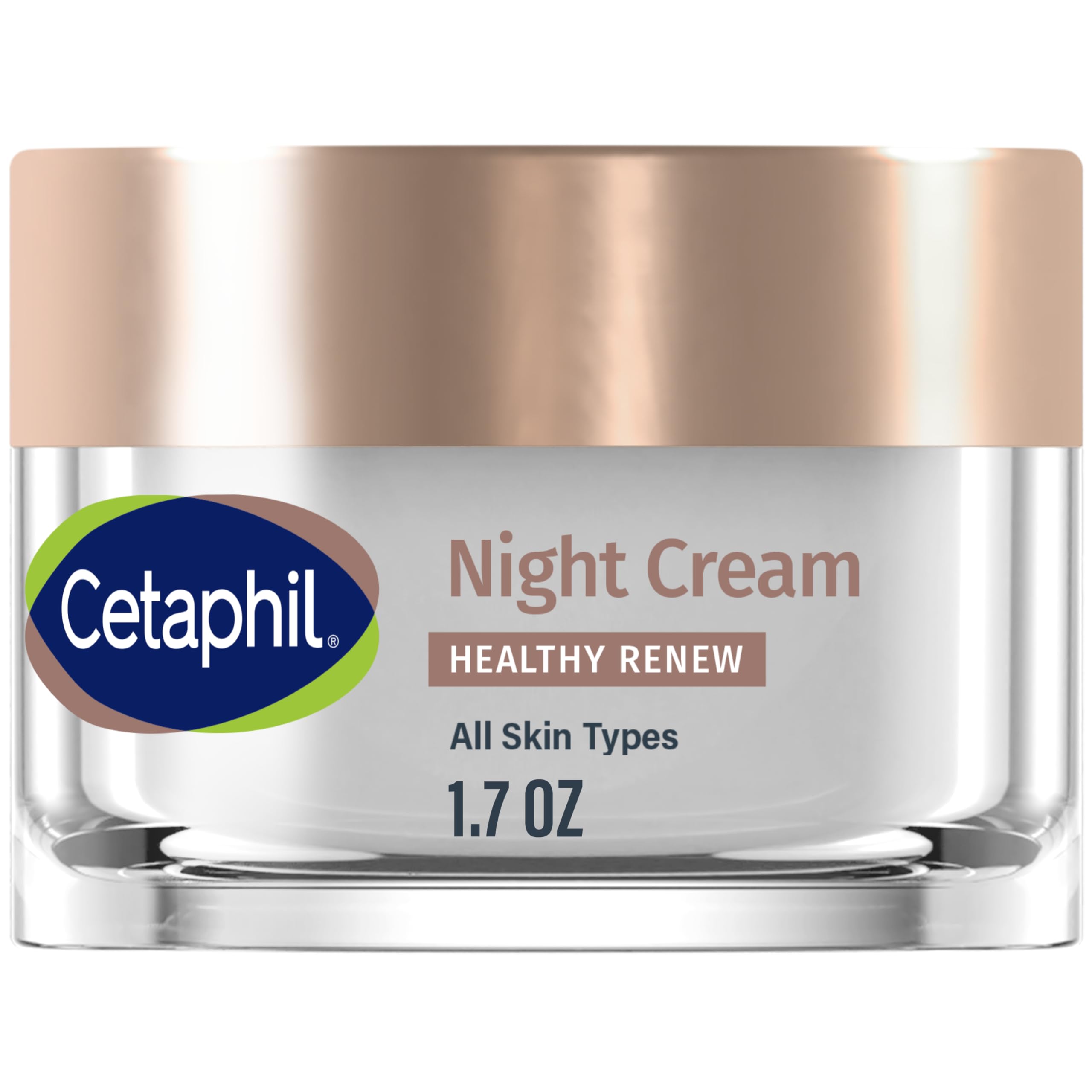 Cetaphil jar front view showing night cream packaging and trustworthy skincare benefit