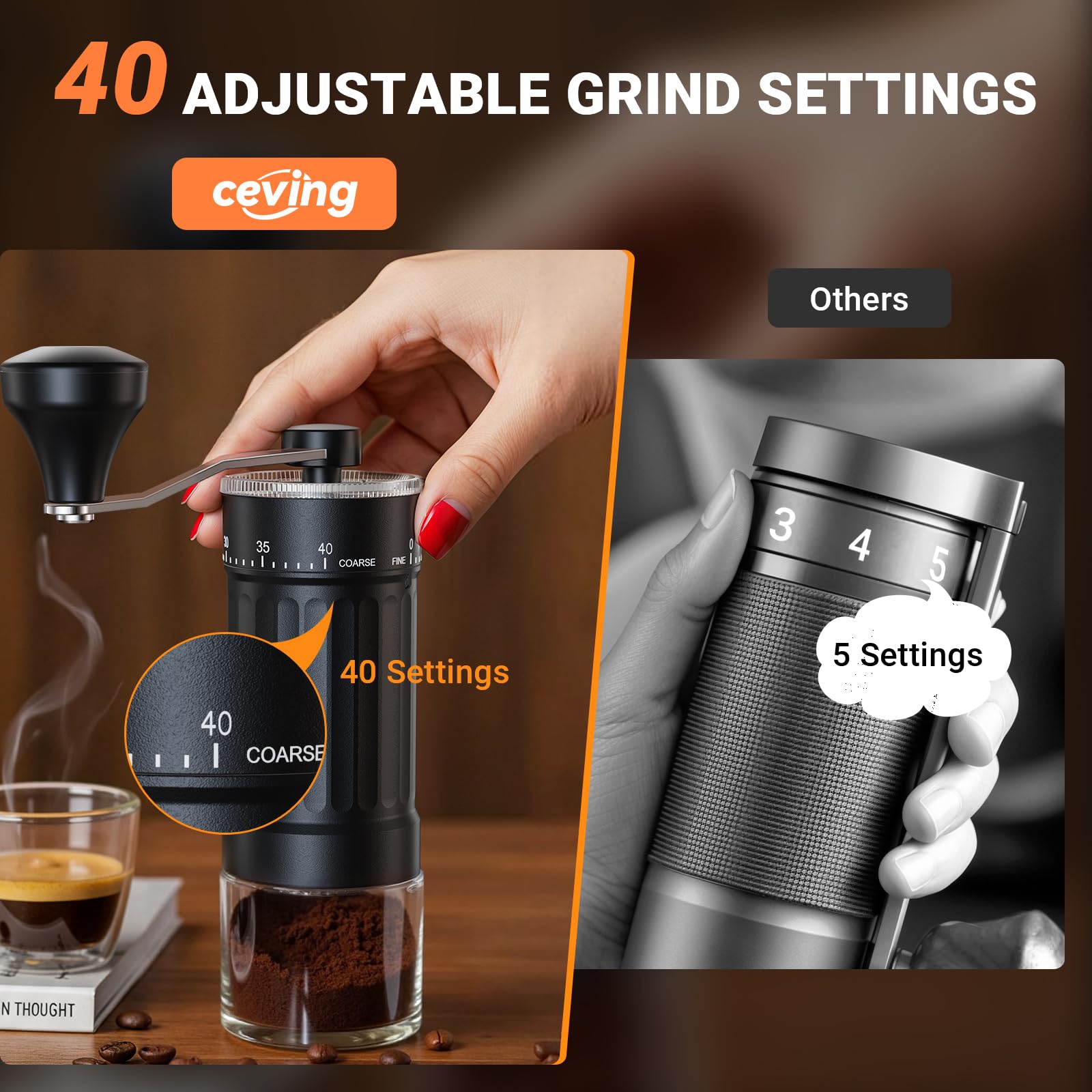 CEVING ceramic burr close-up highlighting consistent grind and flavor preservation