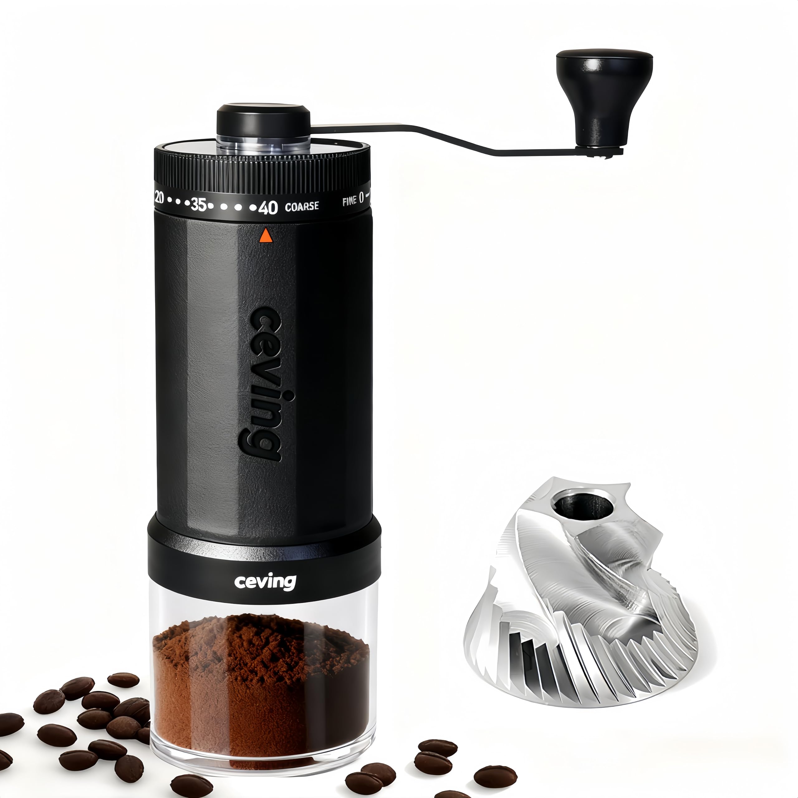 CEVING front view of black grinder showing 60g capacity and sleek design benefit portability
