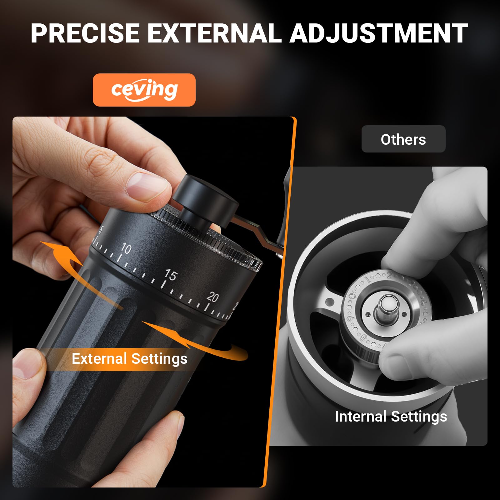 CEVING grinder held in hand to show scale and easy travel convenience