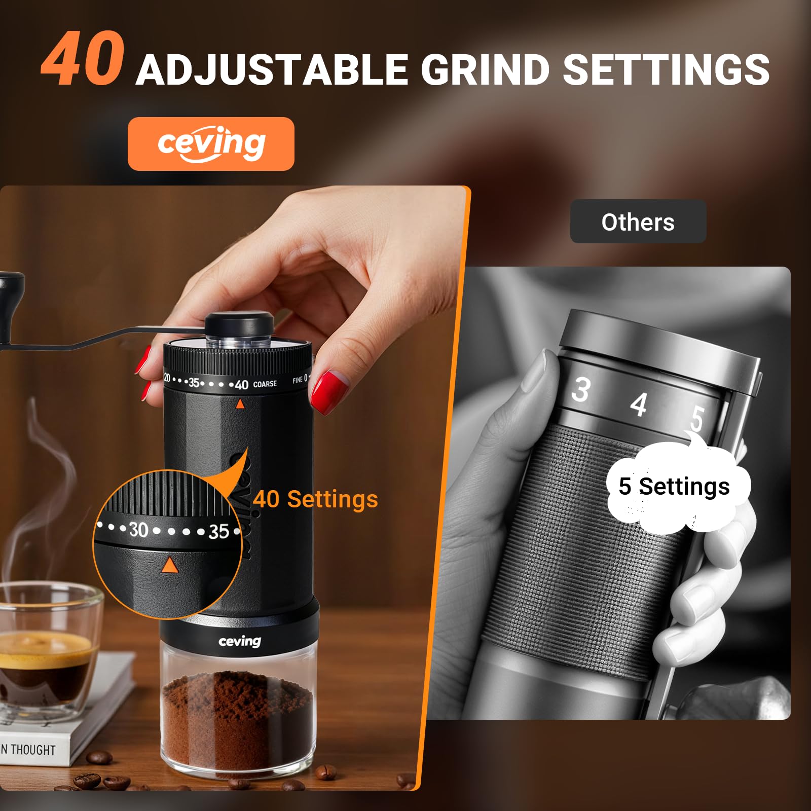 CEVING grinder in use during outdoor pour-over showcasing fresh grounds anywhere benefit