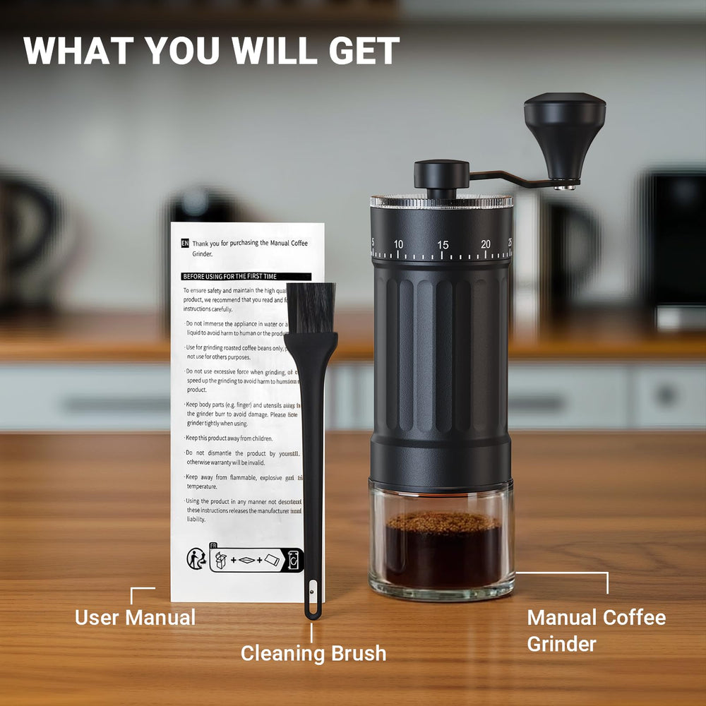 CEVING grinder beside camping gear showing portable fresh-ground coffee advantage