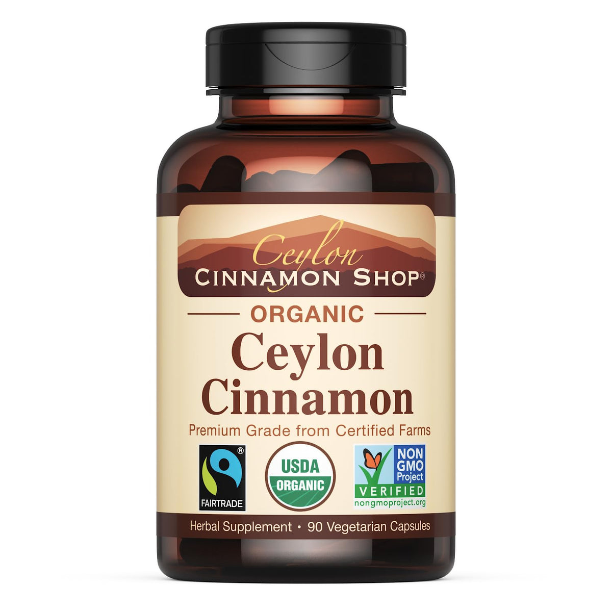 Ceylon Cinnamon Shop bottle front label showing certifications and benefits