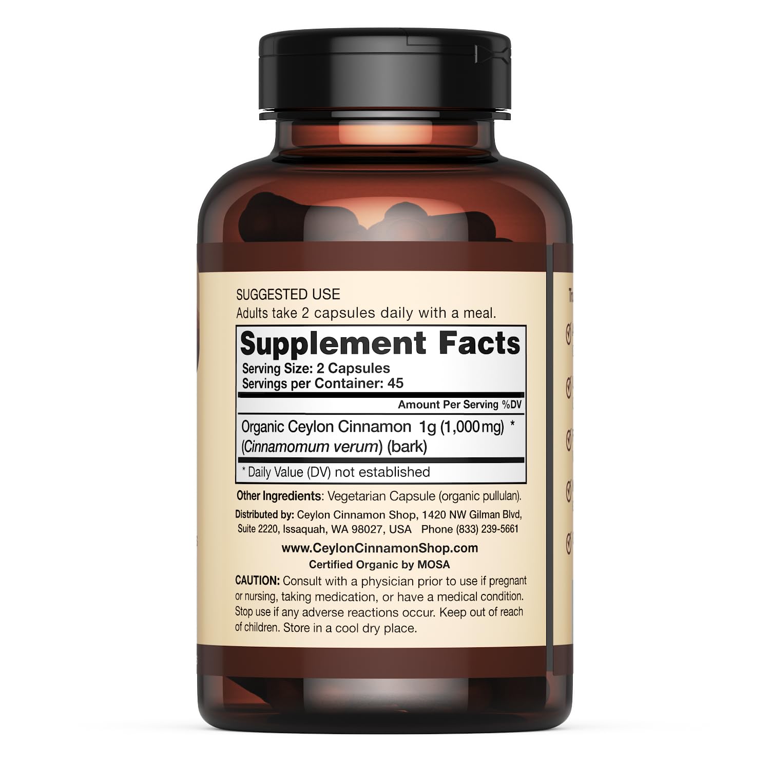 Ceylon Cinnamon Shop two capsules on palm illustrating recommended daily serving