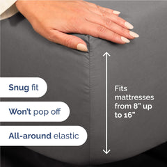 CGK Unlimited flat sheet spread across bed, demonstrates smooth dark grey coverage