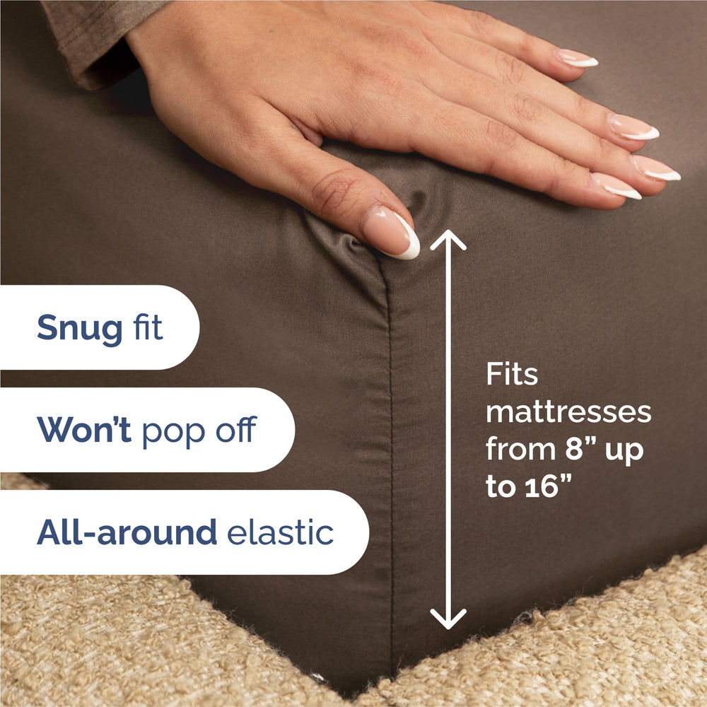 CGK Unlimited fitted sheet pocket detail demonstrating 16 inch deep pockets and secure elastic fit benefit