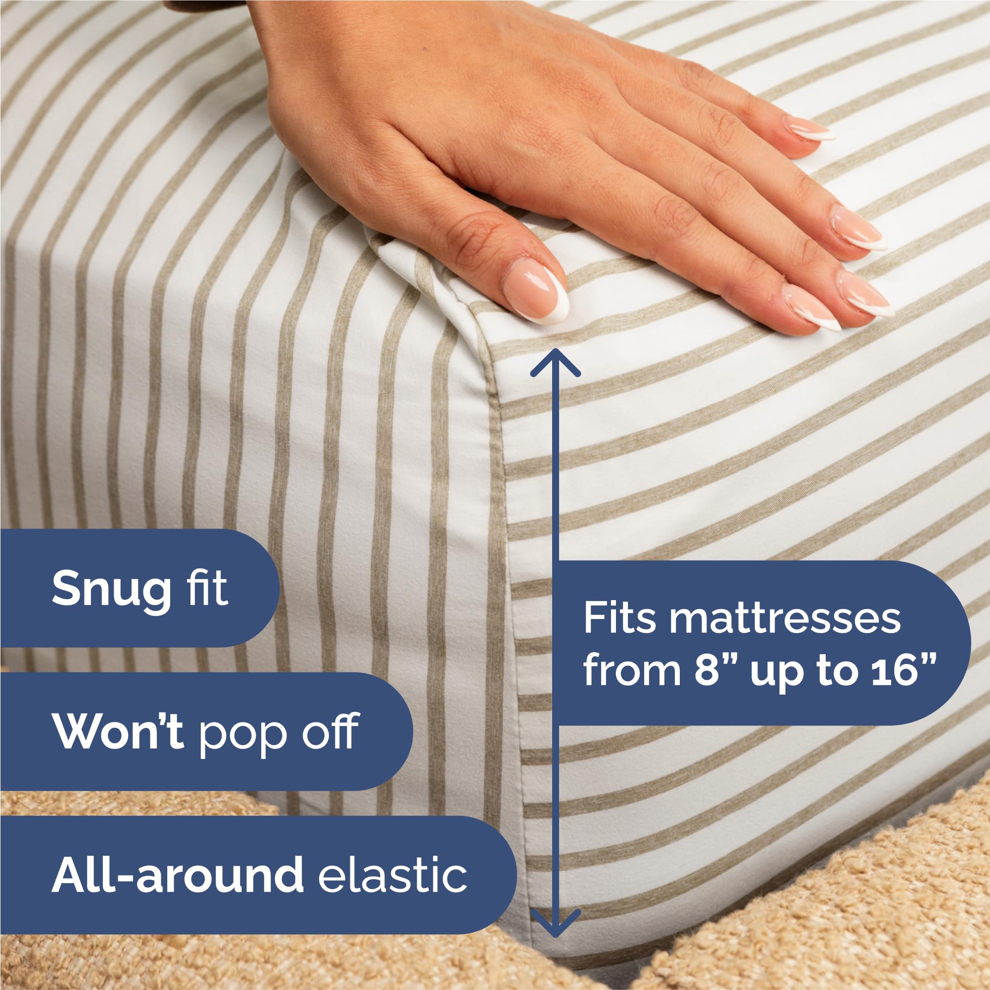 CGK Unlimited fitted sheet corner showing deep pocket fit for up to 16-inch mattress