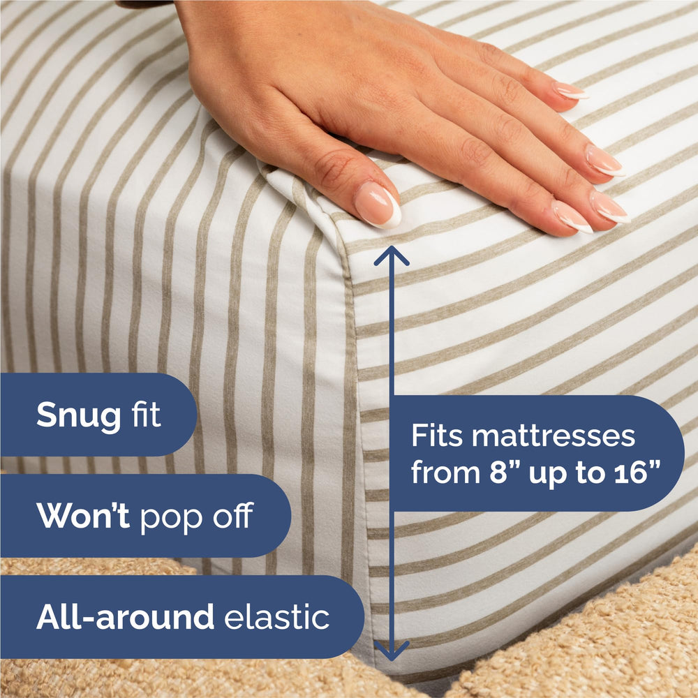 CGK Unlimited fitted sheet corner showing deep pocket fit for up to 16-inch mattress