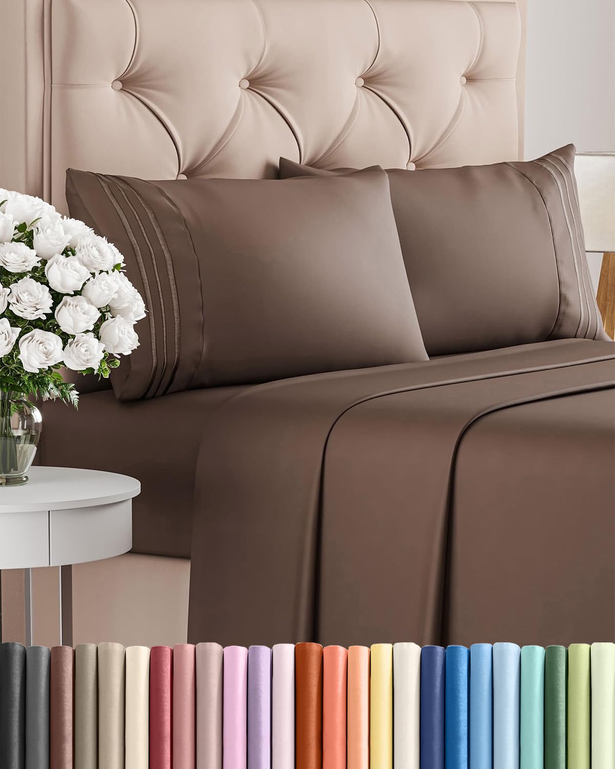 CGK Unlimited king sheet set front view showing full brown set and neat presentation for easy selection