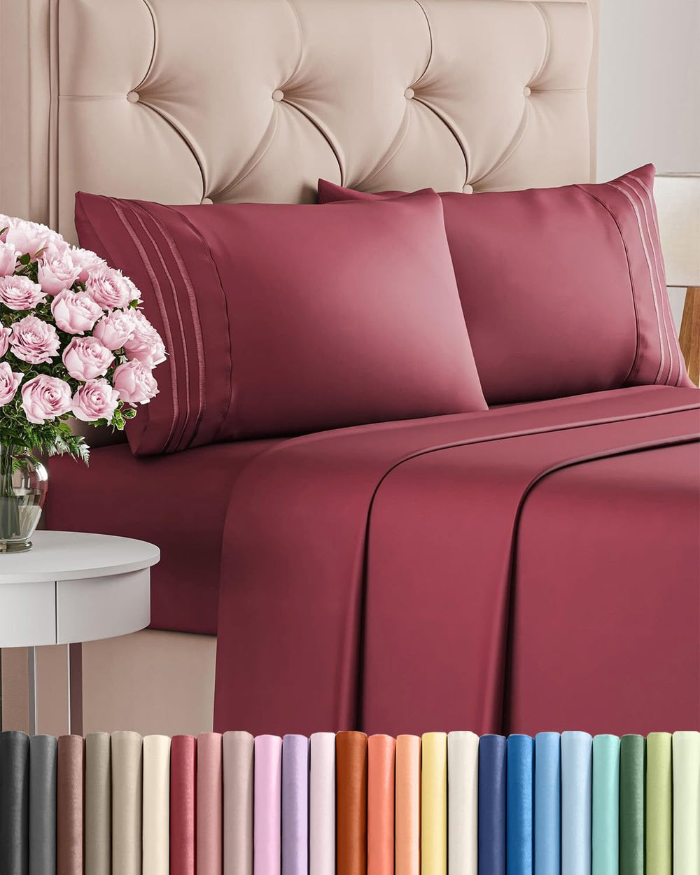 CGK Unlimited front view of burgundy queen sheet set packaging showing contents and color