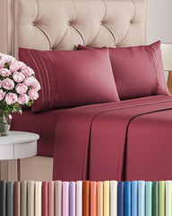 CGK Unlimited front view of burgundy queen sheet set packaging showing contents and color