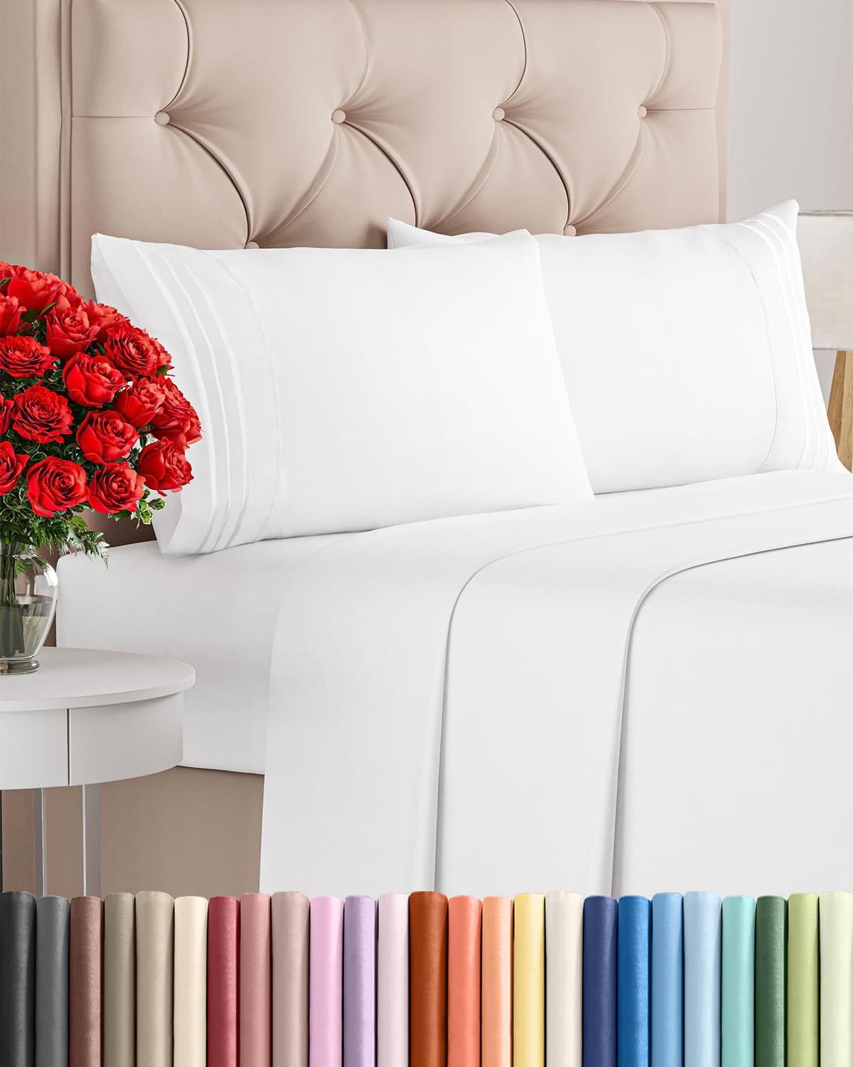 CGK Unlimited front view of white queen sheet set shows neat packaging and value