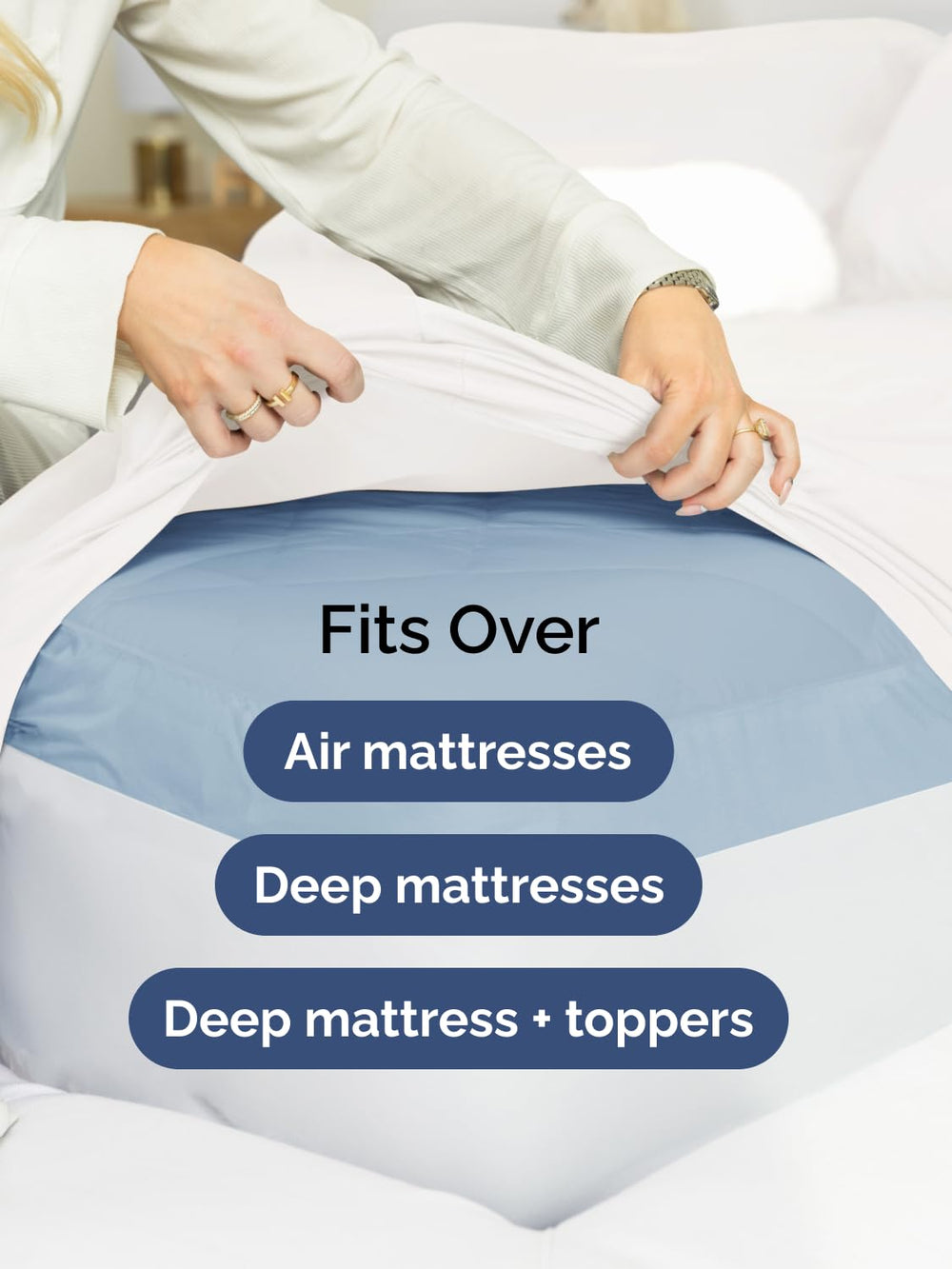 CGK Unlimited sheets fitted over mattress with foam topper, demonstrating stable fit for added toppers