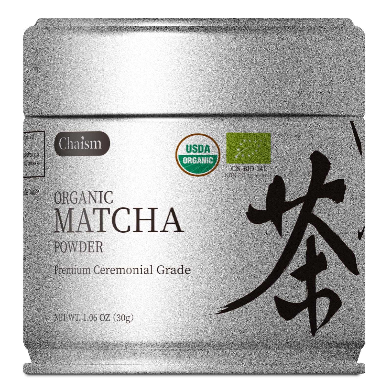 Chaism front tin showing organic ceremonial matcha and premium packaging benefit