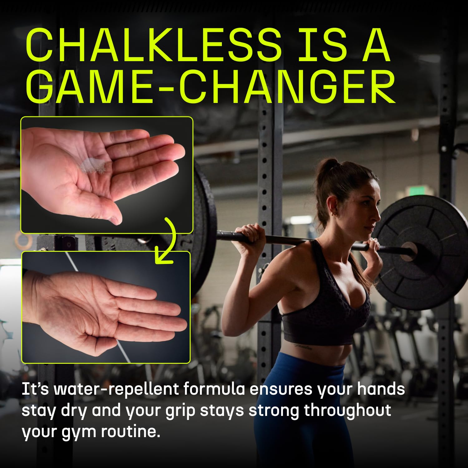 Chalkless used during weightlifting to show secure bar control and reduced slippage