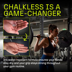 Chalkless used during weightlifting to show secure bar control and reduced slippage