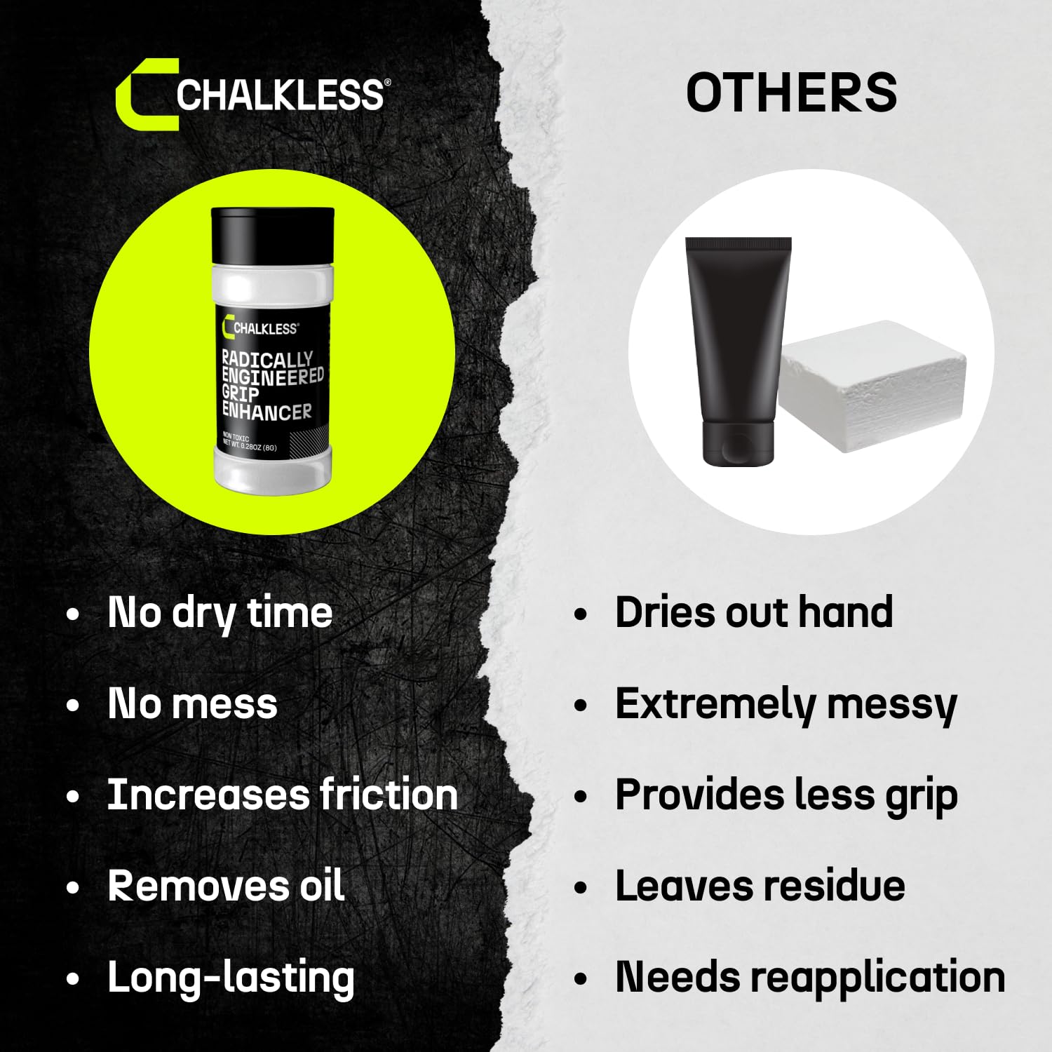 Chalkless tucked in gym bag lifestyle shot emphasizing travel-ready, mess-free grip