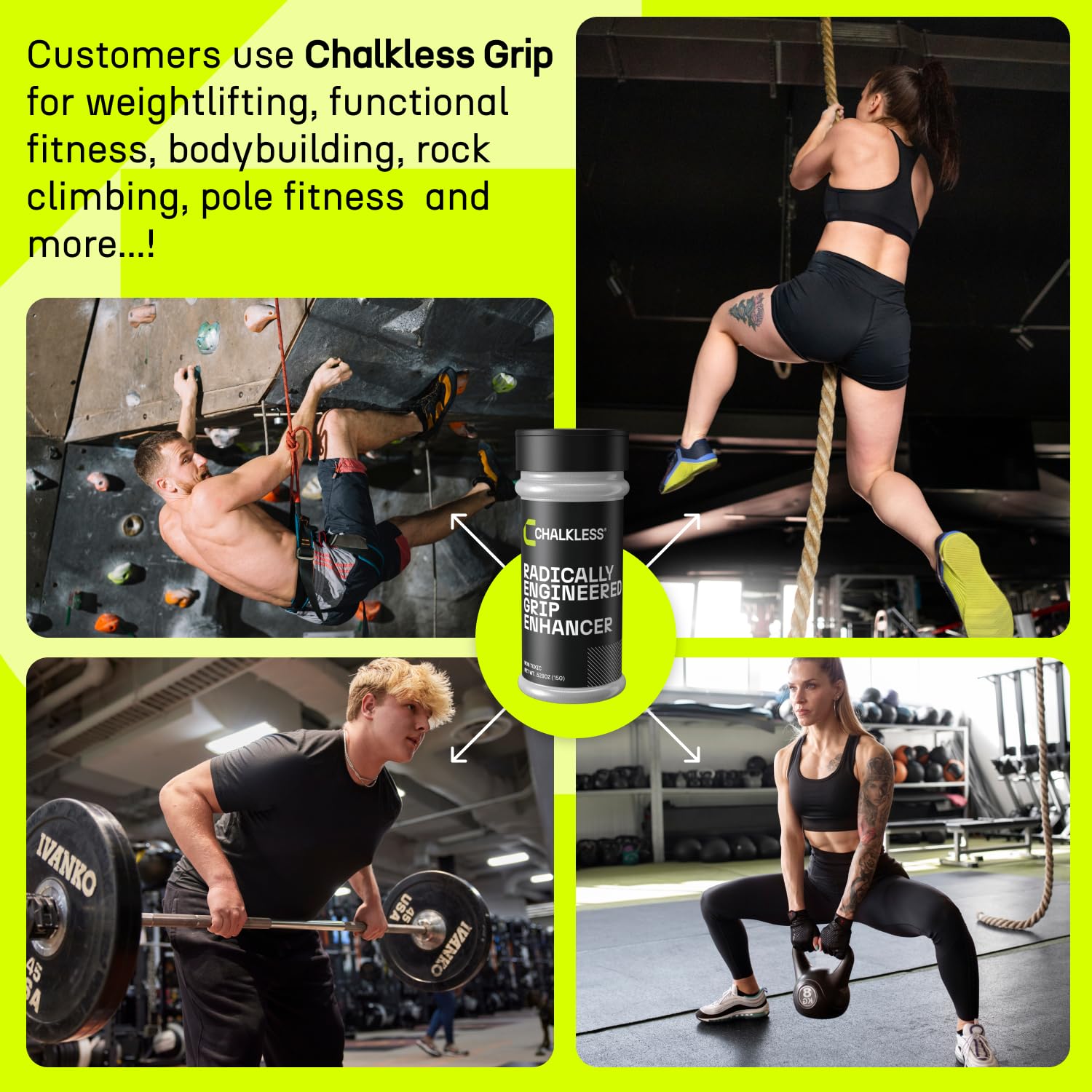 Chalkless used in yoga transition demonstrating better hand traction and clean appearance