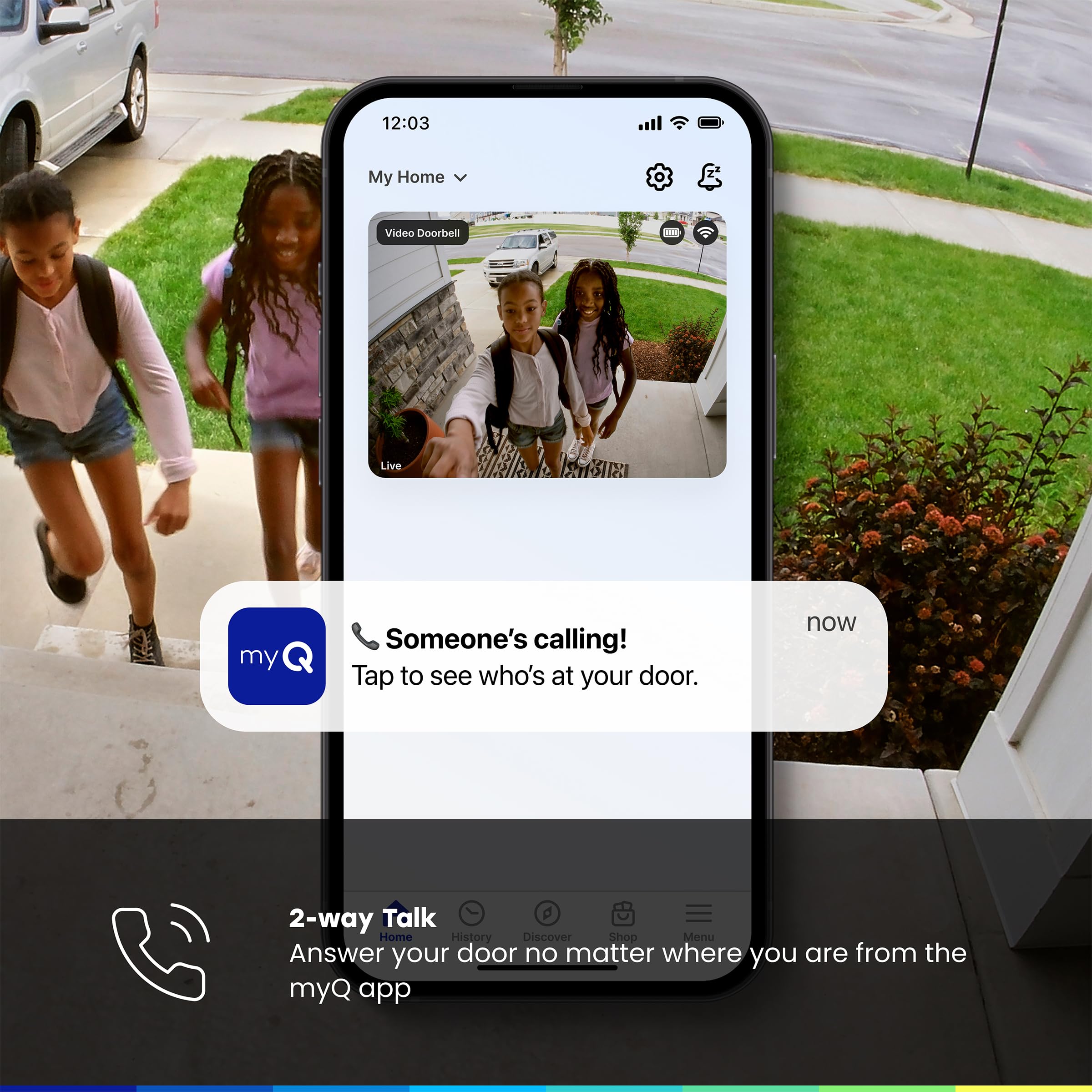 CHAMBERLAIN doorbell mounted on porch illustrating real-world placement benefit