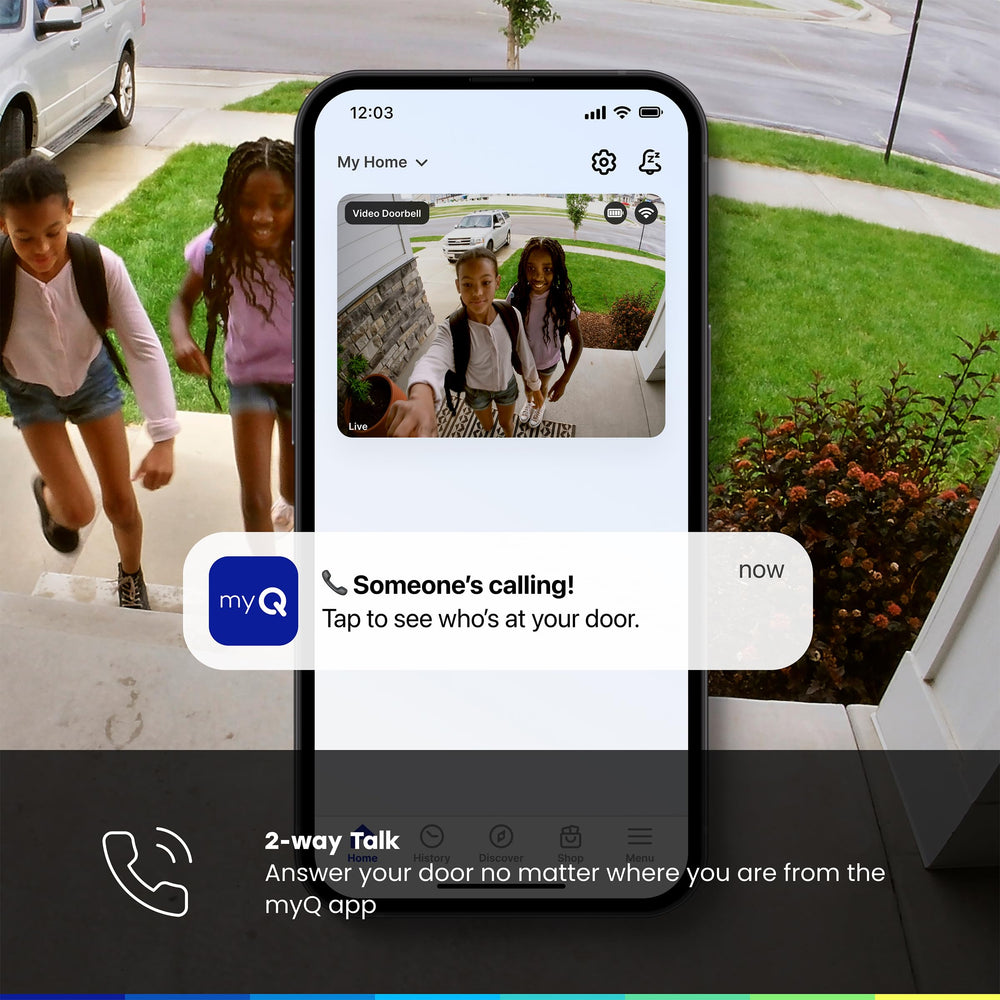 CHAMBERLAIN doorbell mounted on porch illustrating real-world placement benefit