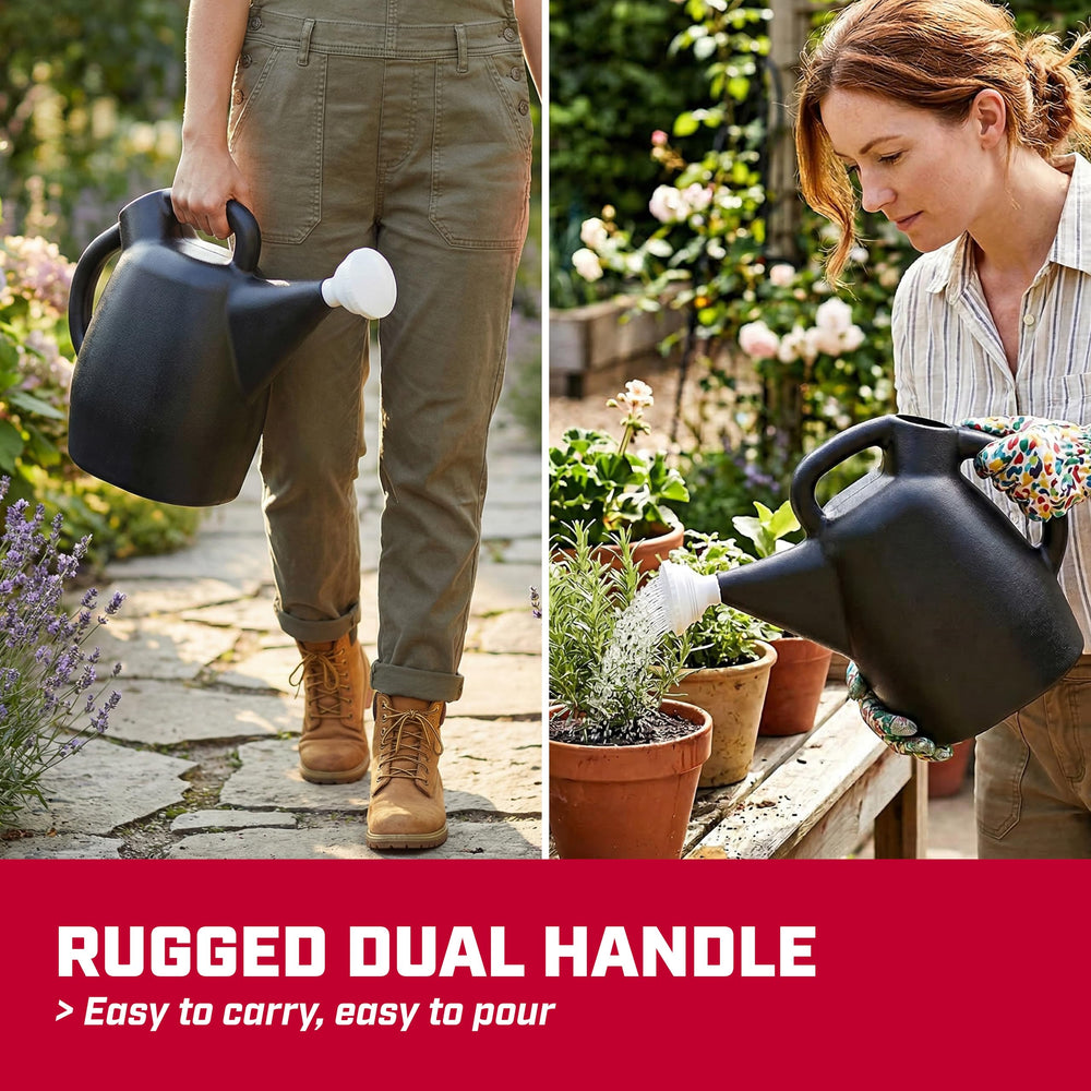 CHAPIN watering can held in hand to show two-gallon scale and easy portability