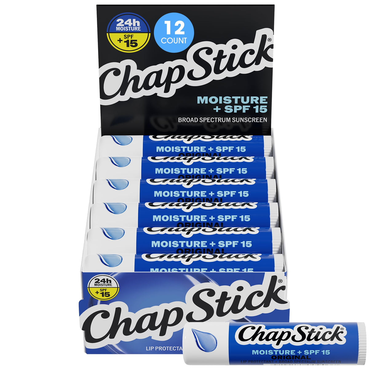ChapStick front packaging showing 12-pack and clear benefit of SPF protection