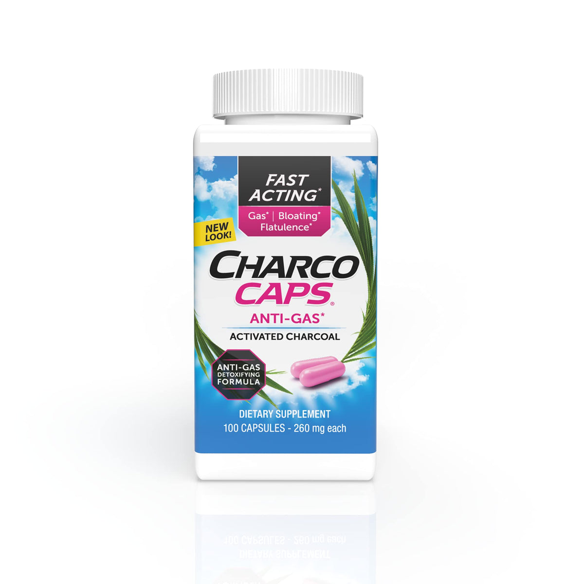 Charcocaps front bottle showing label and pink cap by Charcocaps for easy identification